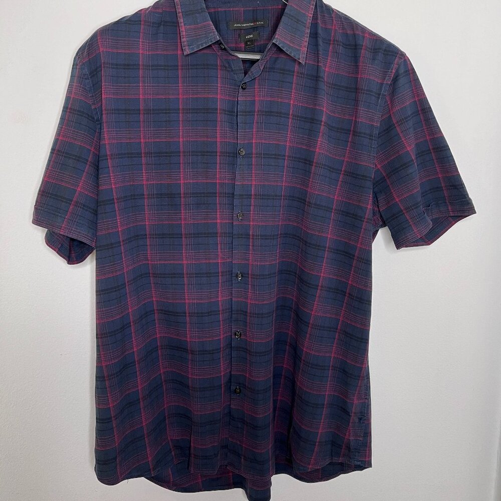 John Varvatos Luxe Navy Blue Plaid S/S Shirt - Sz. XL